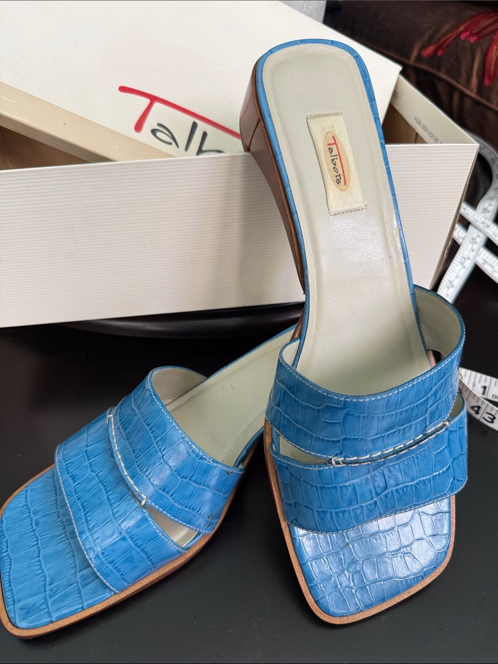 Talbots slip on blue croc wedges